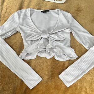 Revamped | Women’s Size XS White Ribbed Long-sleeve Tie-Front Blouse